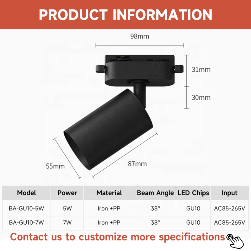High Brightness Commercial Lighting Store Home Black White Rail System Iron Ceiling GU10 5W 7W LED Track Light