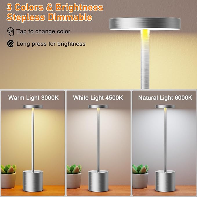 USB Cordless Table Lamps Rechargeable Portable Battery Operated 3 Color Stepless Dimming LED Table Light for Bar Restaurant