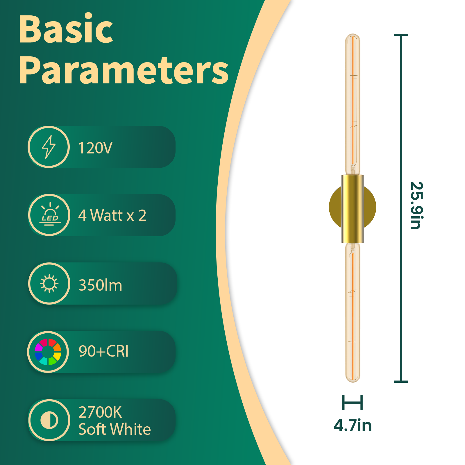 Luxury Modern LED Wall Lamp E26 Double Tube Brushed Gold Steel Body Dimmable for Bedroom Living Room Hotel Decorative Lighting