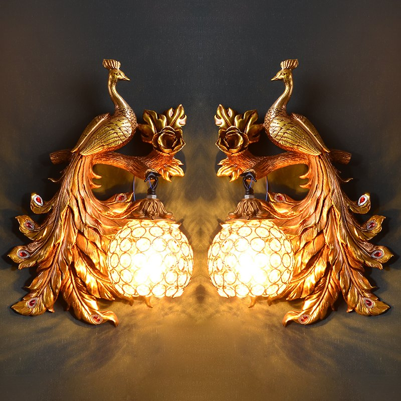 Vintage Creative Art Deco Peacock Resin Wall Lamp Gold Vanity Luxury Bedroom Wall Light (WH-OR-62)