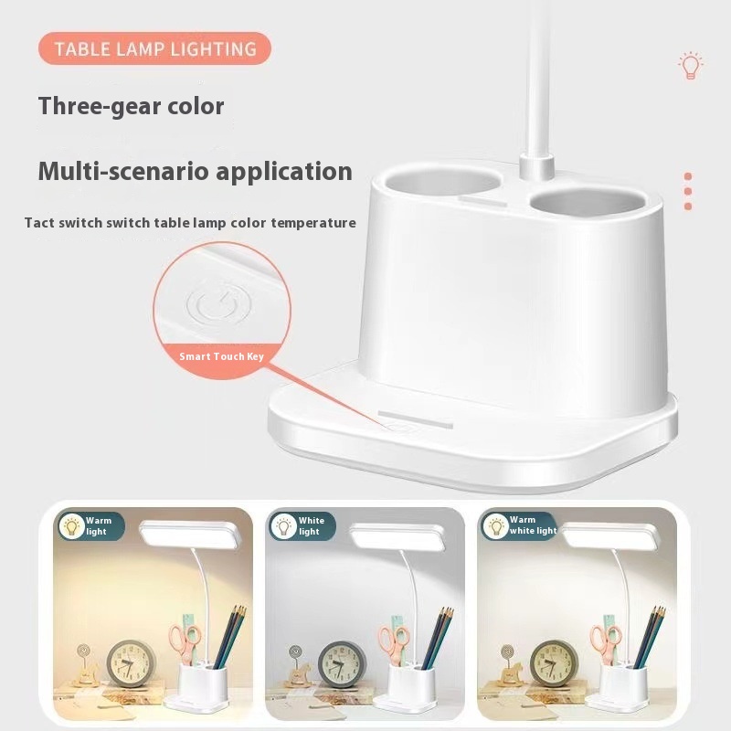 USB Rechargeable 800mA Led Desk Lamp Three-color Temperature Pen Holder Touch Control Learning Table Lamp For Study Desk