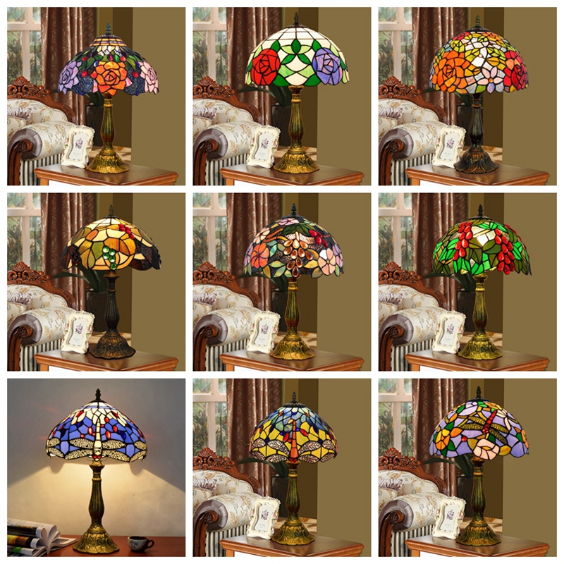 Crecobo Tifany Table Stained Glass Lamps Desk Light 12" Home Bedroom Decor Indoor Lights Classic Antique Lighting Tiffany Lamp