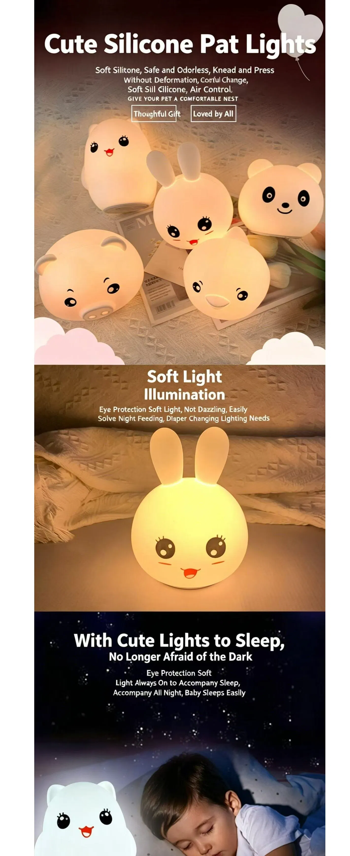 Cartoon Animal Silicone Night Light, Kids Rechargeable Touch Sensor LED Lamp