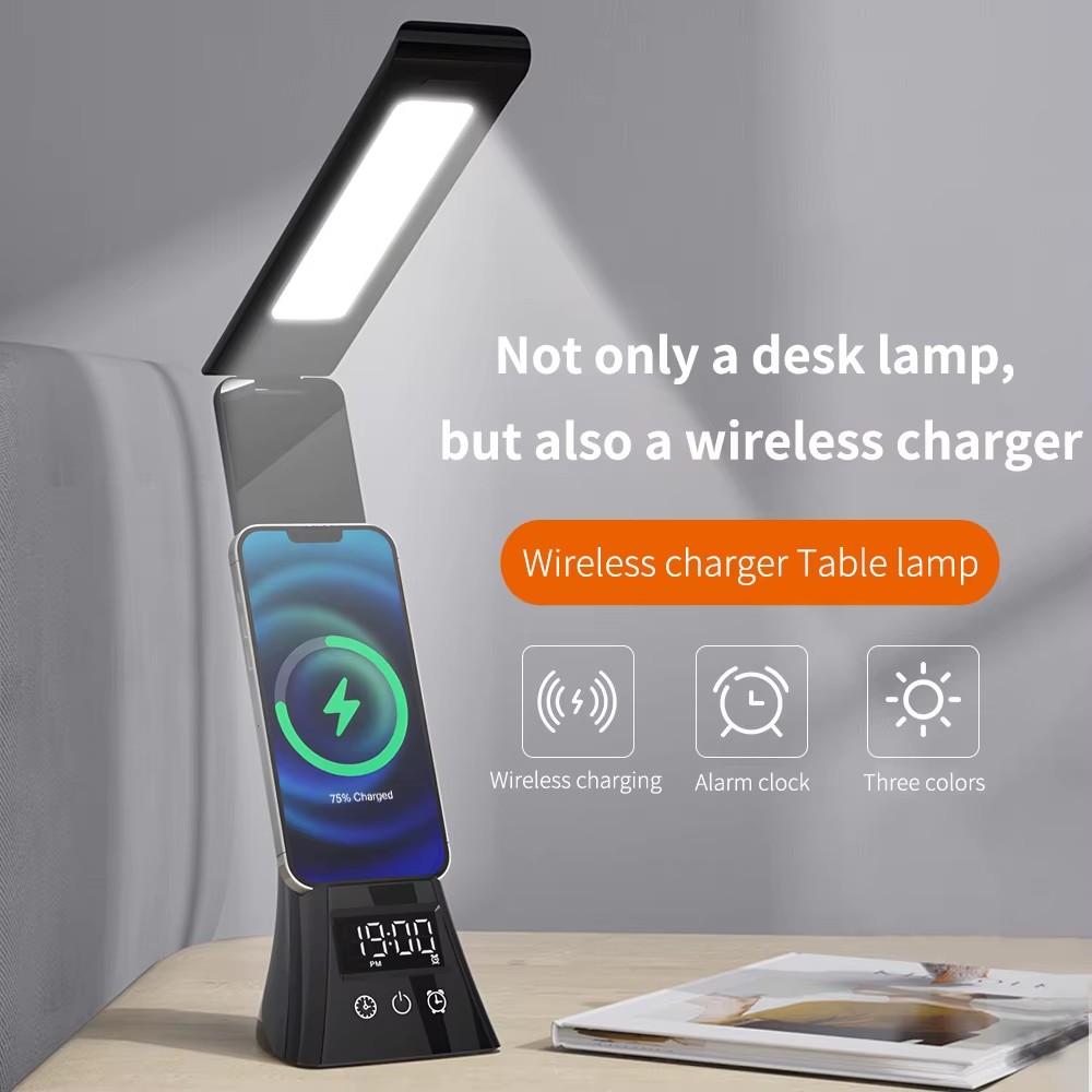 Foldable Study Table LED Desk Lamps With Wireless Charger Night Light Digital Alarm Clock for Bedroom LED Reading Lamp