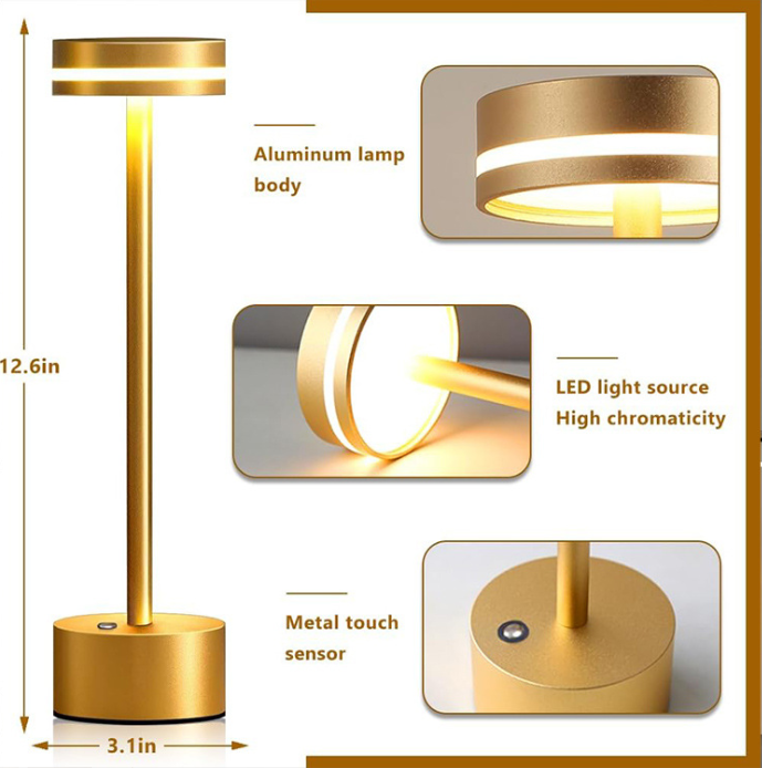 Modern Portable LED Table Lamp Rechargeable Cordless with USB-C Charging Battery Dimmable Touch Sensor Aluminum Bedside Lamp