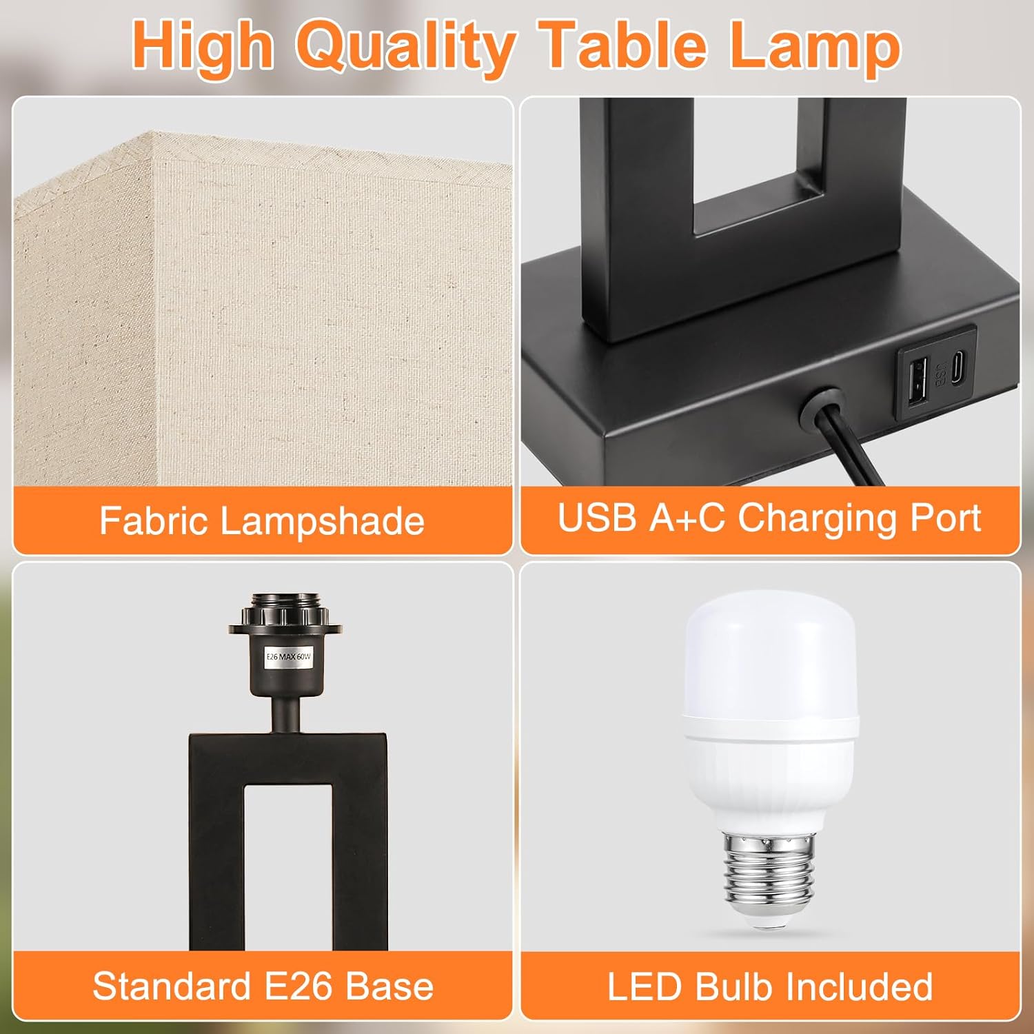 Hotel Bedside Lamp Home Decor Lighting Table Lamp Bedside Table Light Luxury with Usb Port Rechargeable Table Lamp