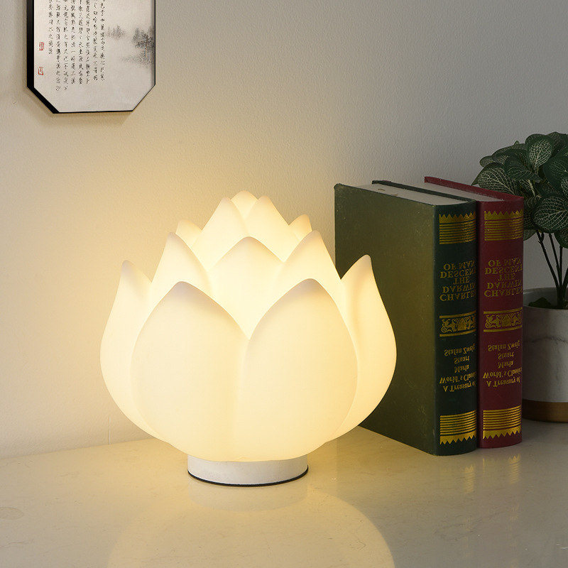 Bedroom Bedside Table Lamp Modern Minimalist Lotus-shaped White Shade Rechargeable Remote Control Eye-protective Night Light