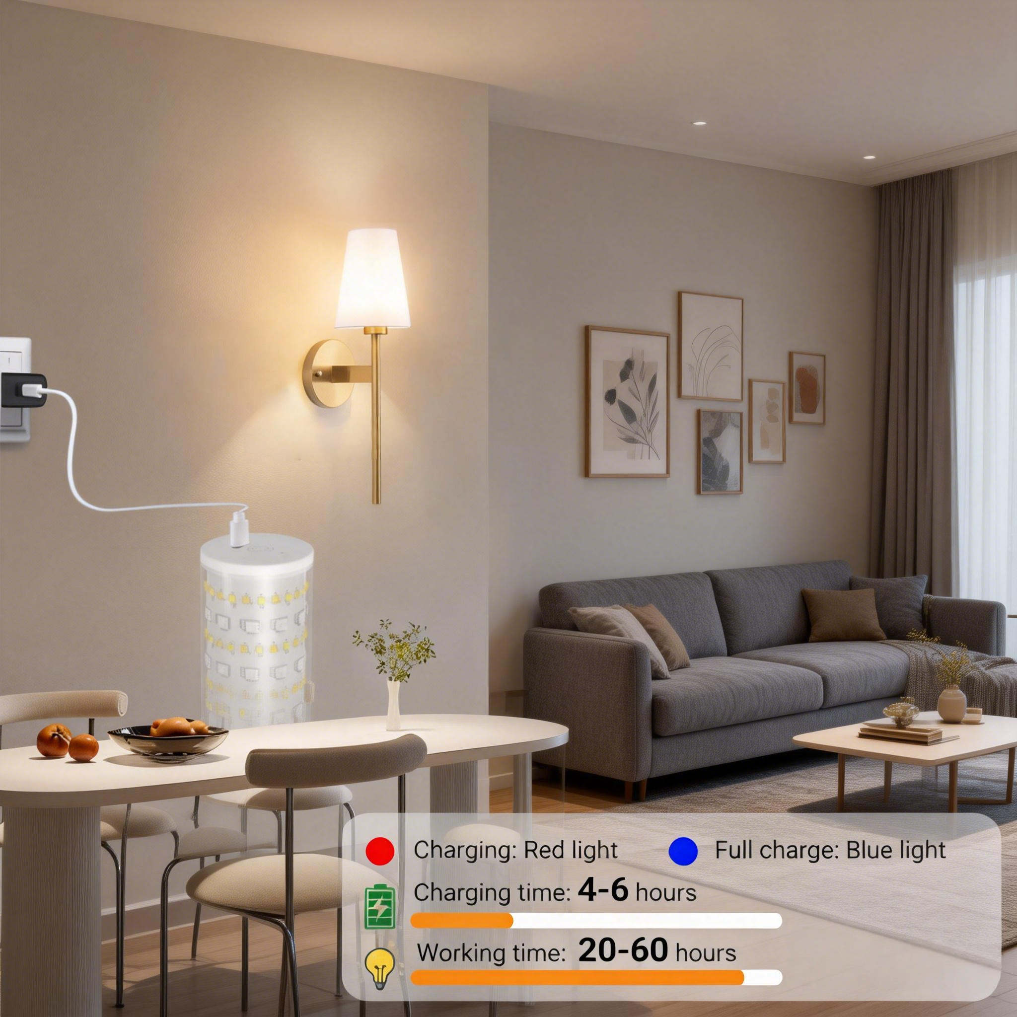 Wireless Rechargeable LED Wall Sconces Battery-Operated Iron Lamp with Dimmable Light Bulb and Remote Control