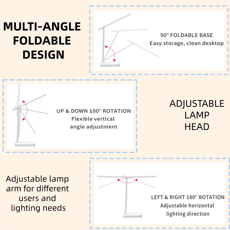 USB Rechargeable Desk Lamp LED Three-color Temperature 800mAh Reading Room Learning Folding Table Lamp