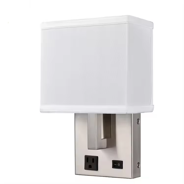Double Single Hotel Wall Mounted Sconces Guest Room Brushed Nickel Bedside Headboard Light Fixtures Wall Lamp with Outlet