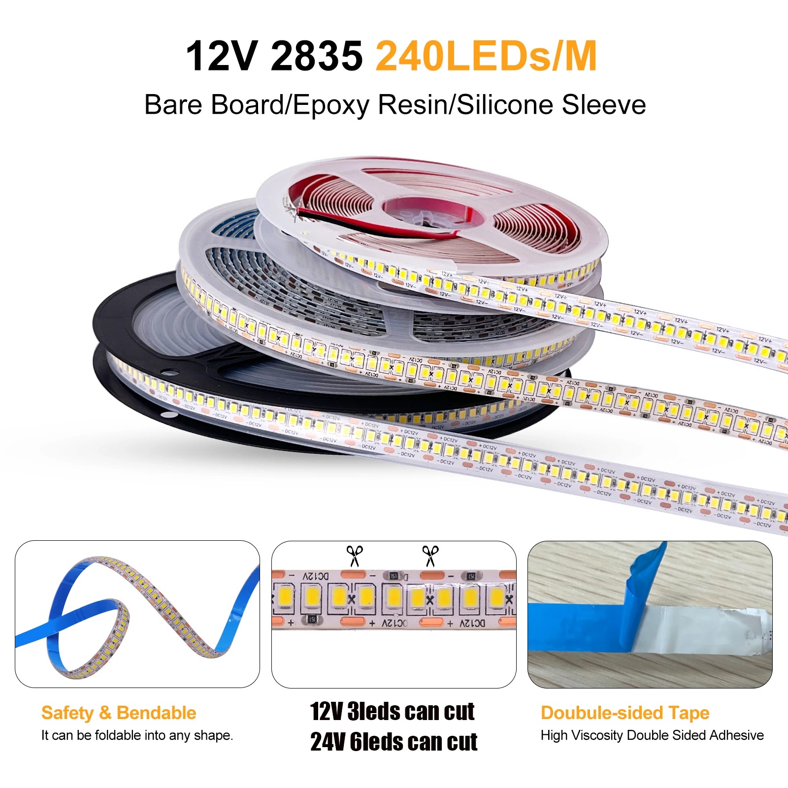 DC12V Led Strip Lights 10mm Width 240LEDS Cuttable Tira De Luz Led Flexible Led Strip Light For Home Decor DIY Lighting