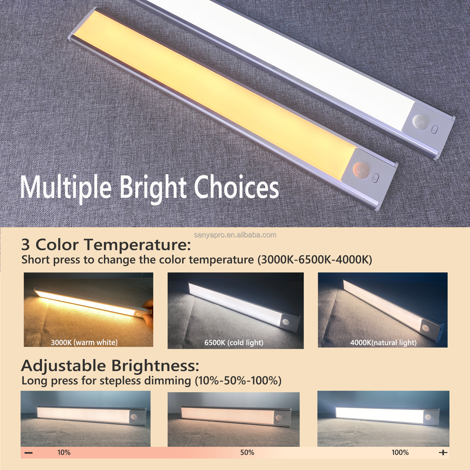 Senya-Pro LED 3 Color Temperature Motion Sensor Dimmable Indoor USB Rechargeable Cabinet Lights for Kitchen &amp; Closet Lighting