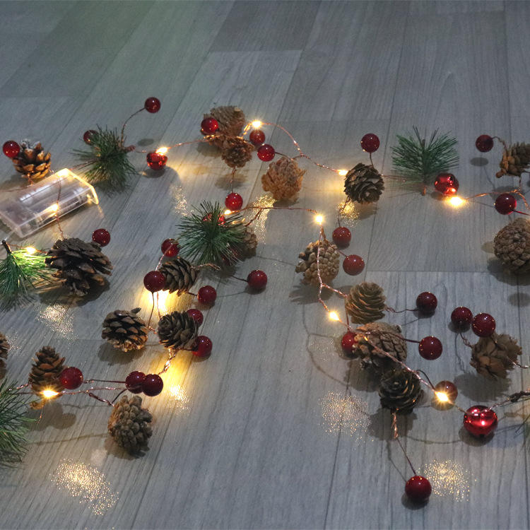 Hot-selling Red Berry Pine Needle Copper Wire Design Christmas LED String Lights Battery-Powered Decoration Garland Lights
