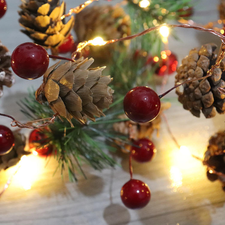 Hot-selling Red Berry Pine Needle Copper Wire Design Christmas LED String Lights Battery-Powered Decoration Garland Lights