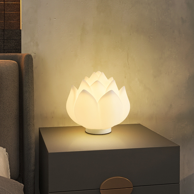 Bedroom Bedside Table Lamp Modern Minimalist Lotus-shaped White Shade Rechargeable Remote Control Eye-protective Night Light