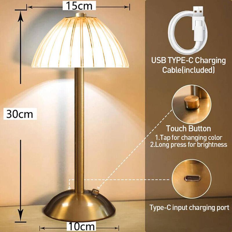 USB Charge 12'' Tall LED Brass Portable Table Lamp Built-in Dimmer Oval Rechargeable Bedside Nightlight for Indoor Outdoor Use