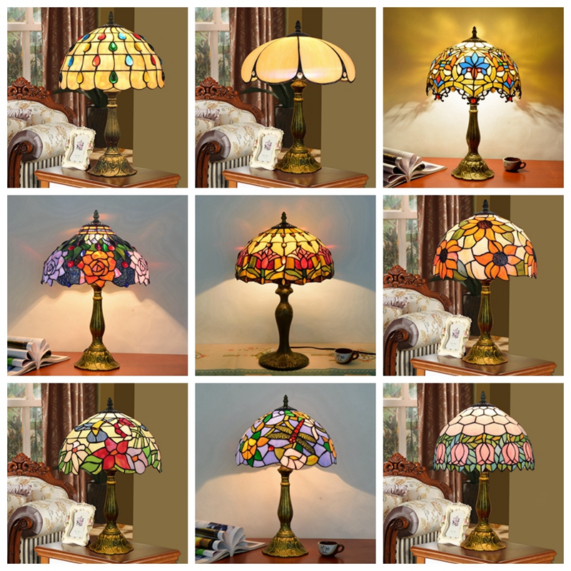 Crecobo Tifany Table Stained Glass Lamps Desk Light 12" Home Bedroom Decor Indoor Lights Classic Antique Lighting Tiffany Lamp