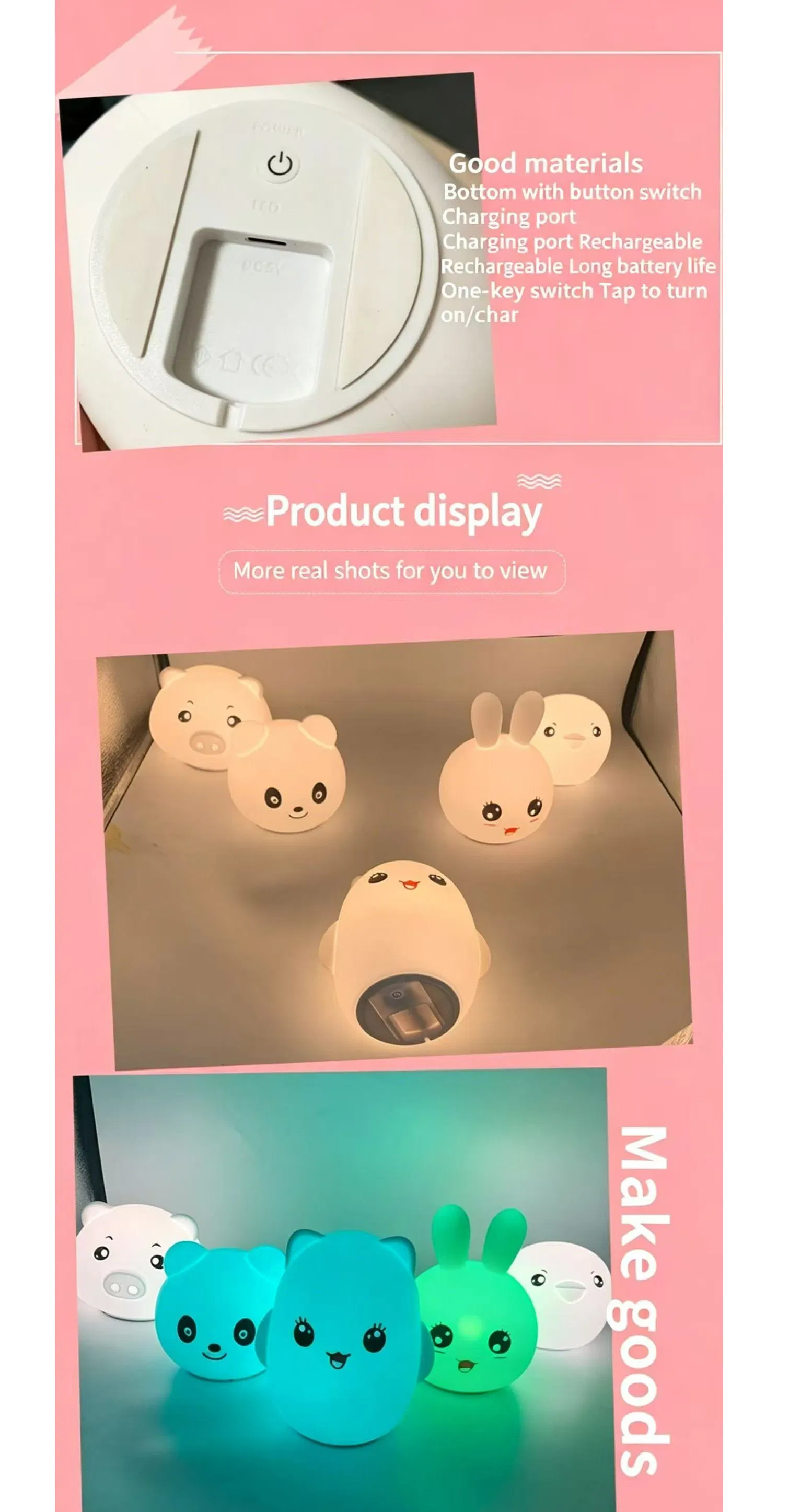 Cartoon Animal Silicone Night Light, Kids Rechargeable Touch Sensor LED Lamp