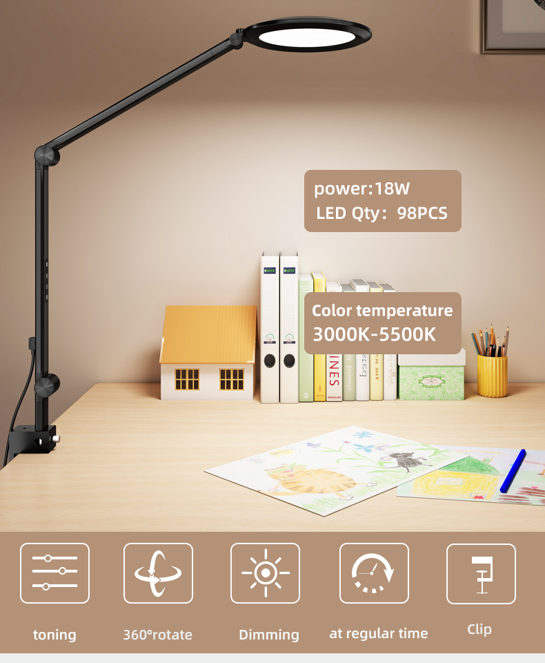 Modern AC E26 LED Desk Lamp with Memory/Timing Function Touch Dimming/Color Adjustment Top and Side Emitting Desktop Work Light