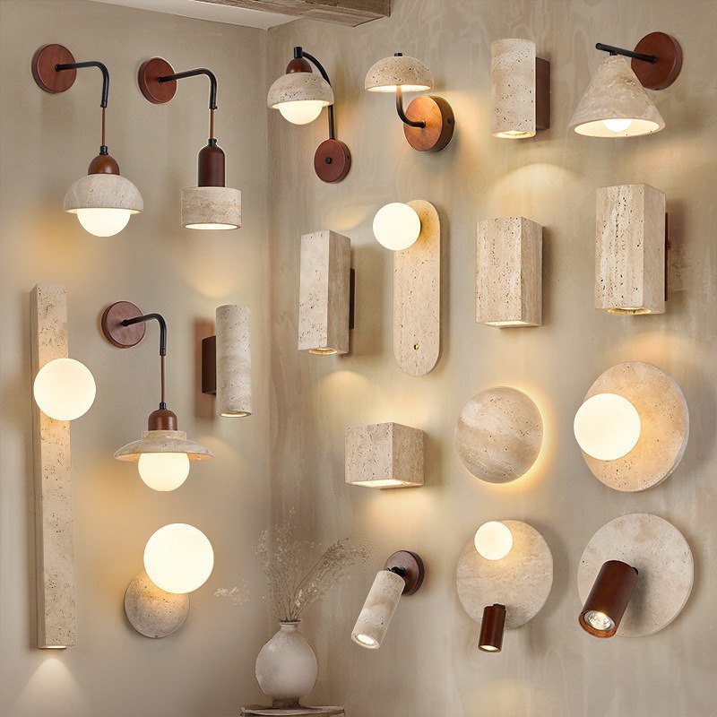 Wabi-Sabi Travertine Yellow Cave Natural Stone Background Rustic Wall Lamps Decorative Lighting For Hotel Living Room
