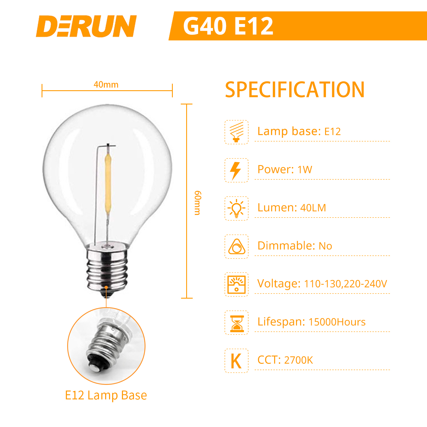 Camping Decorative Atmosphere Bulb LED G40 Edison For String Lights E12 Base 1W Globe G40 LED Filament Light Bulb , FMT-G40
