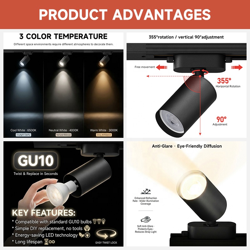 High Brightness Commercial Lighting Store Home Black White Rail System Iron Ceiling GU10 5W 7W LED Track Light