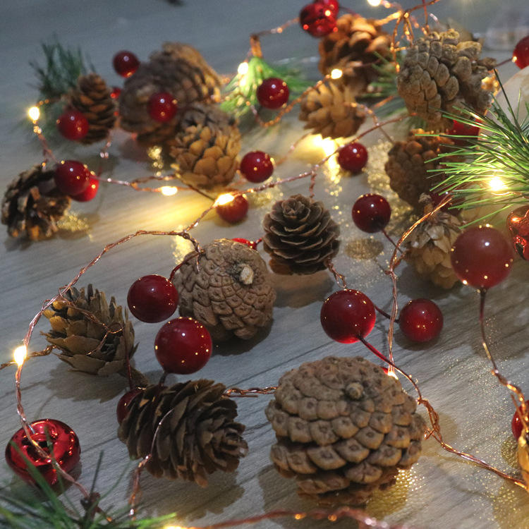 Hot-selling Red Berry Pine Needle Copper Wire Design Christmas LED String Lights Battery-Powered Decoration Garland Lights