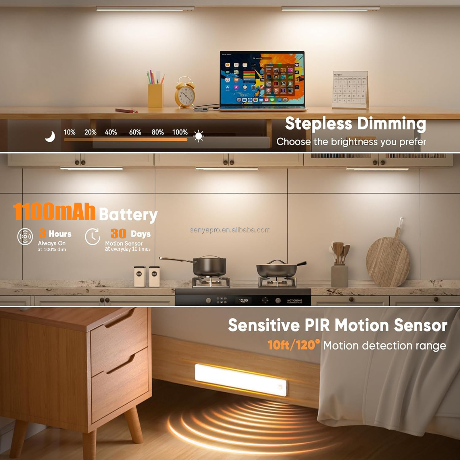 Senya-Pro LED 3 Color Temperature Motion Sensor Dimmable Indoor USB Rechargeable Cabinet Lights for Kitchen &amp; Closet Lighting