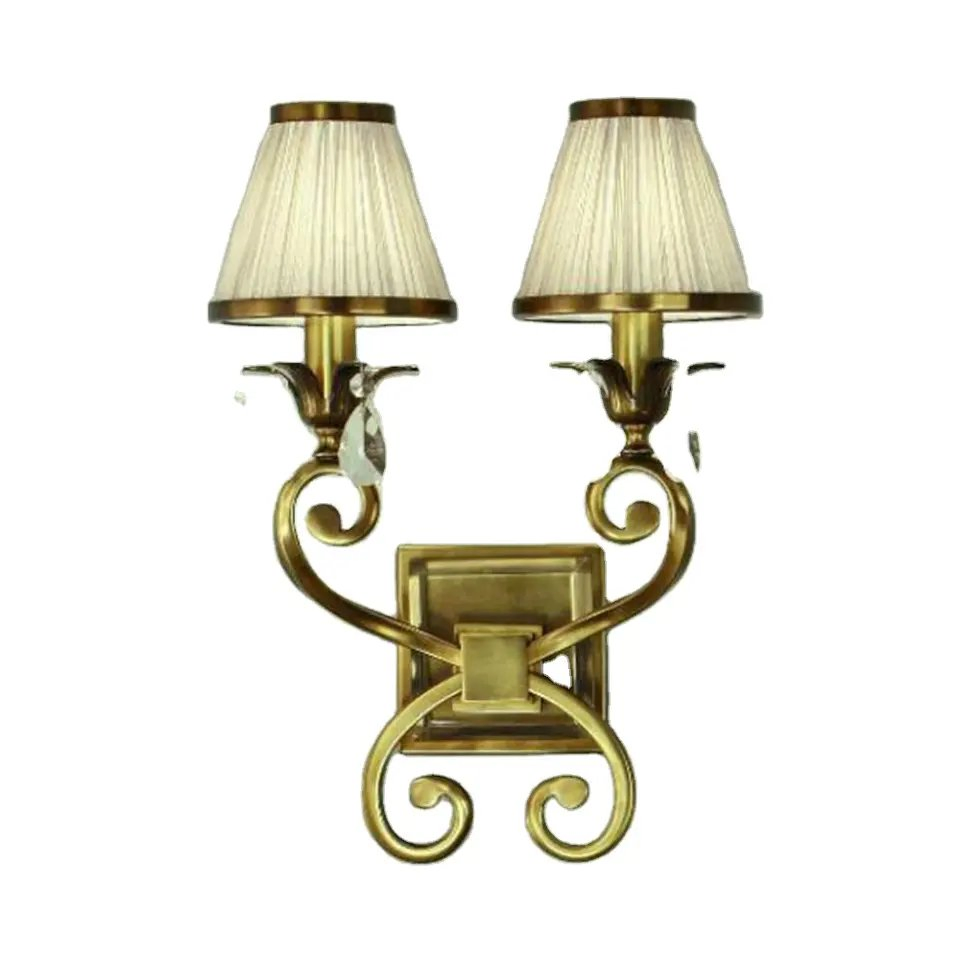 Antique Brass Bedside Wall Lamp LED Vanity Light with 2 Cloth Lampshade Bedroom Hotel Hallway Wall Light