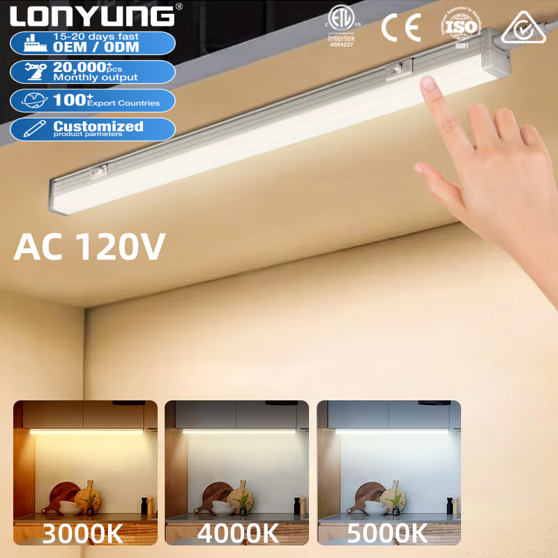 Lonyung Custom ETL Kitchen Counter Wardrobe Led Under Cabinet Light 60cm 2ft 7w 3CCT Dimmable Linkable Closet Lamp with US Plug