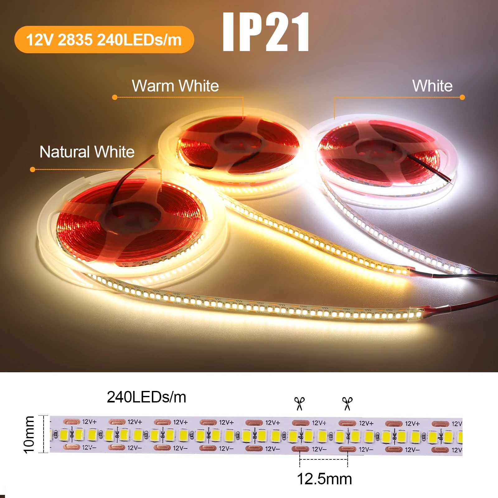 DC12V Led Strip Lights 10mm Width 240LEDS Cuttable Tira De Luz Led Flexible Led Strip Light For Home Decor DIY Lighting