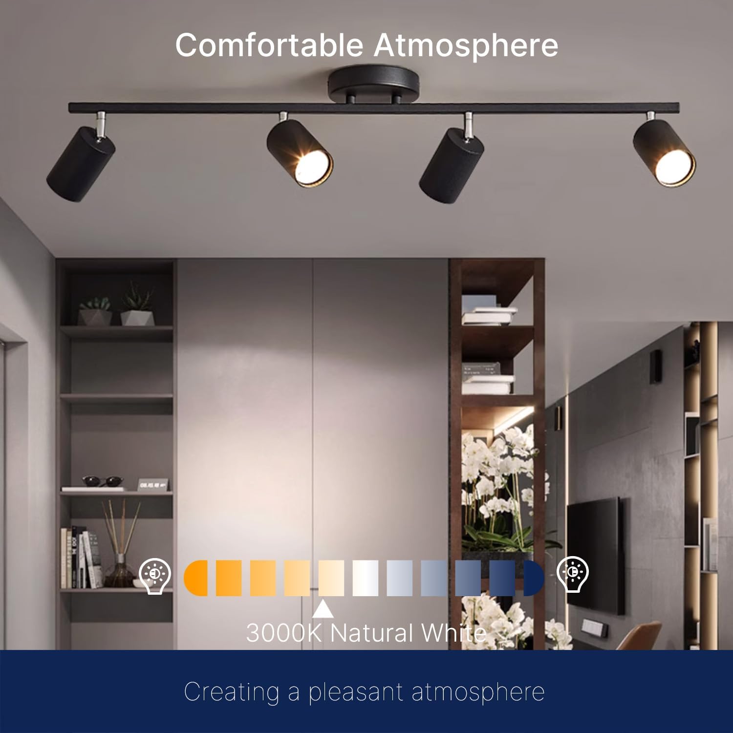 Modern 4-Light COB LED Track Lighting Ceiling Fixture Black Adjustable Track 360 Rotatable Heads Spotlight High CRI 90 Dimmable