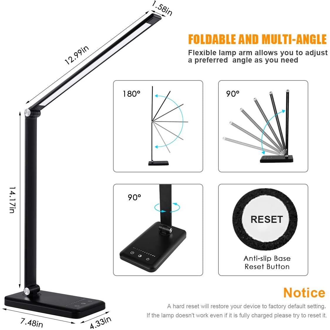 Modern Minimalist LED Table Lamp Flexible DC Foldable Bedside Study Lamp Touch Dimmer Aluminum Body Rectangle Shade Eye Simple