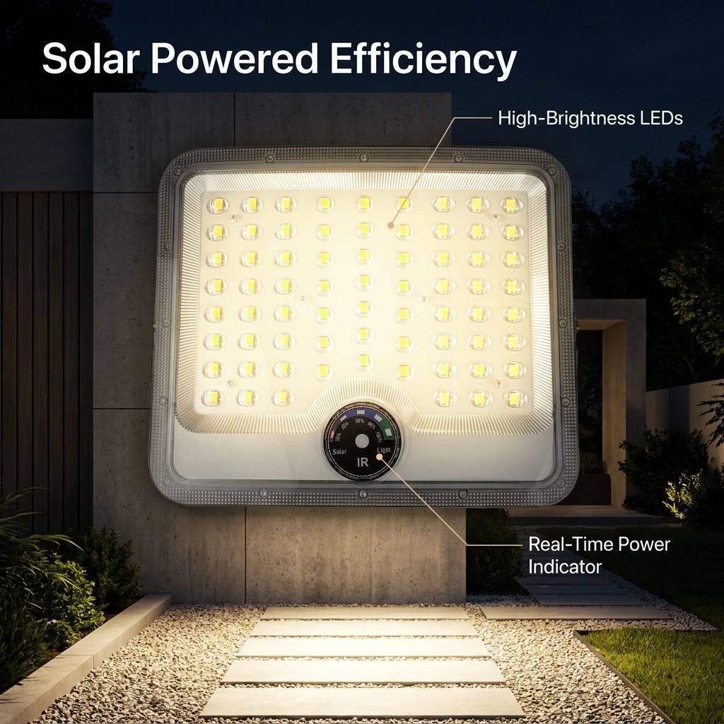 High Brightness Iron LED Outdoor Solar Flood Light with Real-time Power Indicator IP65 Waterproof for Garden Court