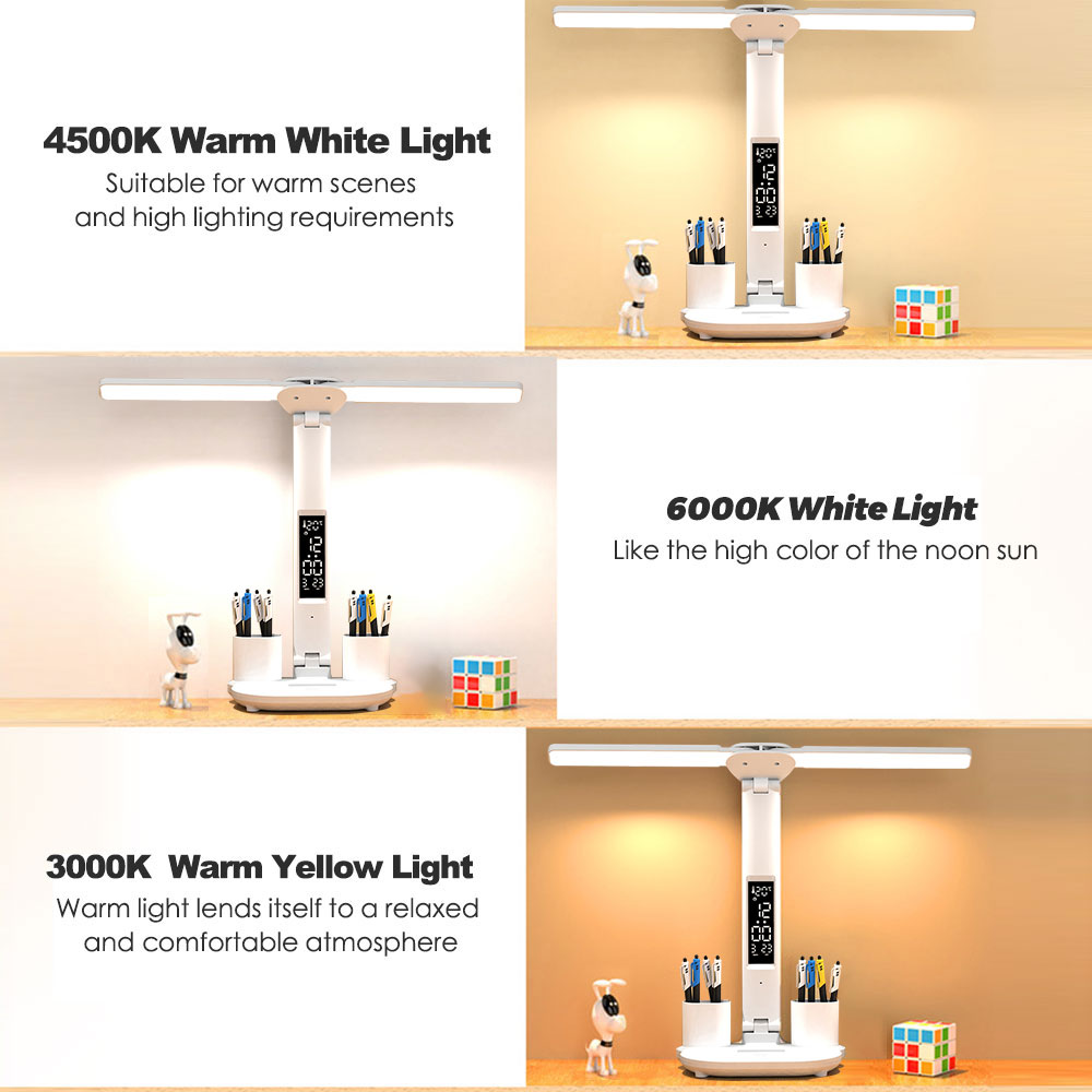Rechargeable LED Table Lamp with Double Head Calendar Date Touch Night Lights with Pen Holder for Bedroom Study Reading Lamps