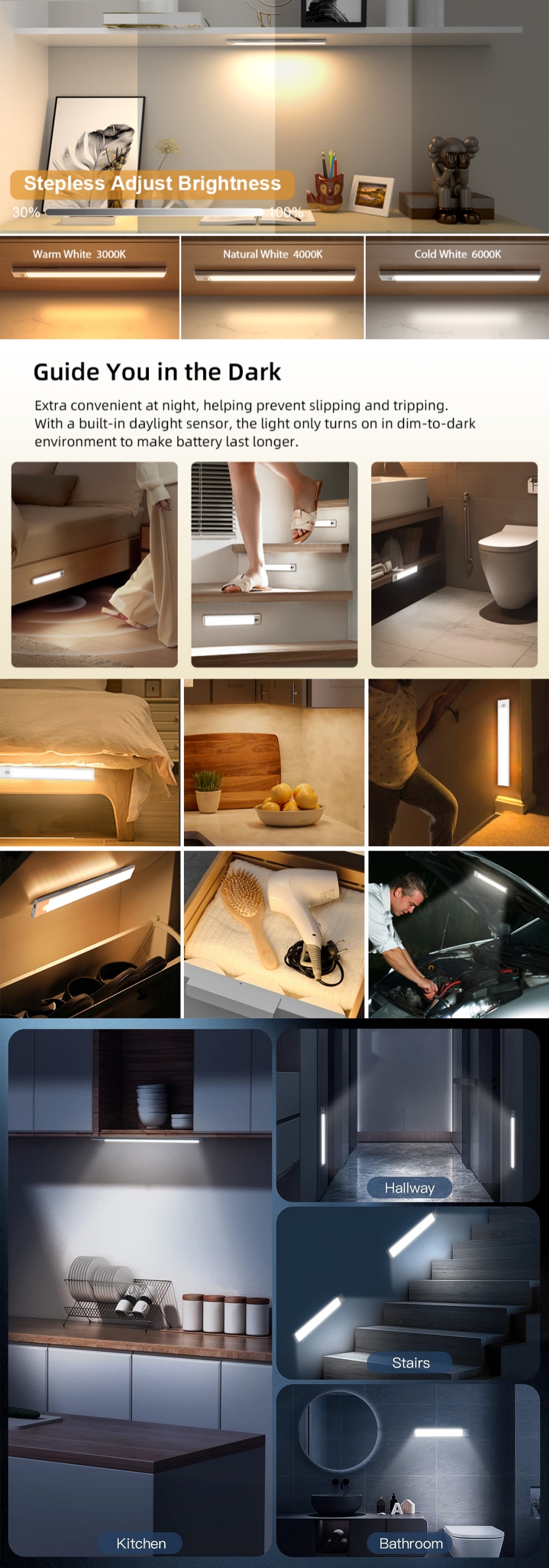 Spot Goods Motion Sensor Under Cabinet Light 10cm USB Rechargeable Battery Operated Wireless Magnetic Dimmable LED Closet Light Info Graphic