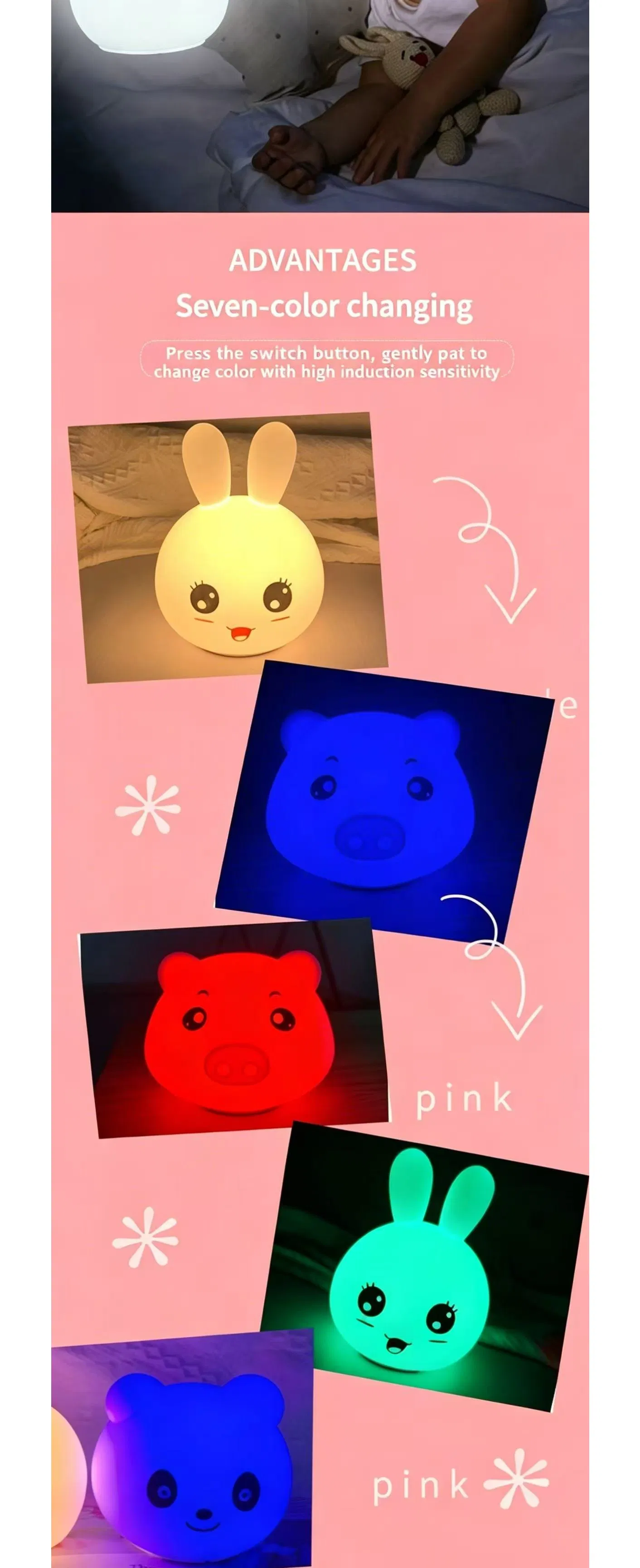 Cartoon Animal Silicone Night Light, Kids Rechargeable Touch Sensor LED Lamp