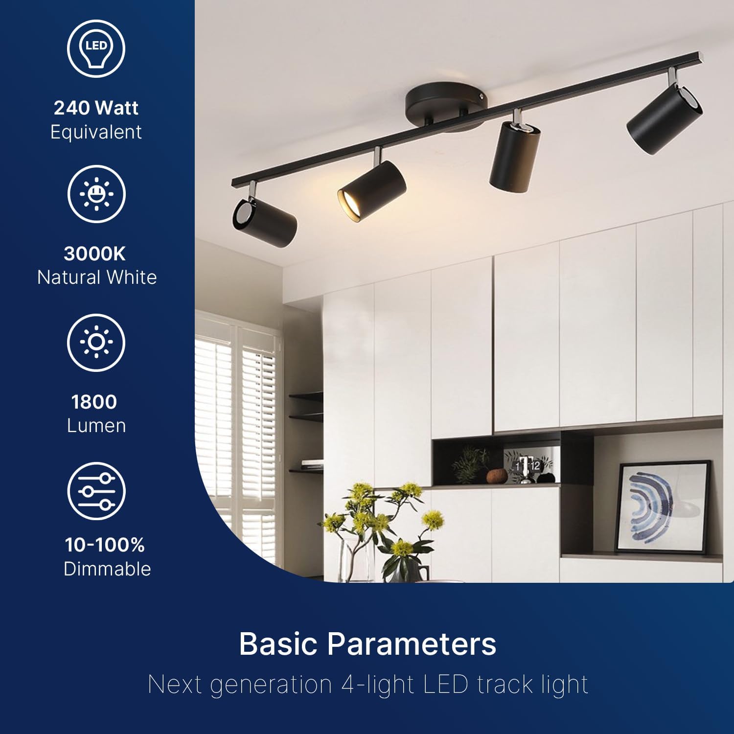Modern 4-Light COB LED Track Lighting Ceiling Fixture Black Adjustable Track 360 Rotatable Heads Spotlight High CRI 90 Dimmable