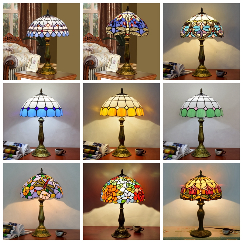 Crecobo Tifany Table Stained Glass Lamps Desk Light 12" Home Bedroom Decor Indoor Lights Classic Antique Lighting Tiffany Lamp
