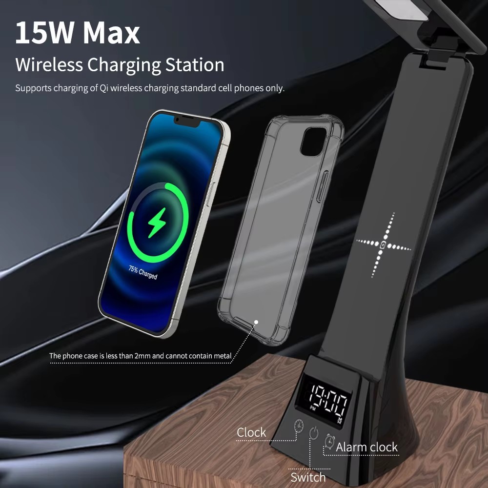 Foldable Study Table LED Desk Lamps With Wireless Charger Night Light Digital Alarm Clock for Bedroom LED Reading Lamp