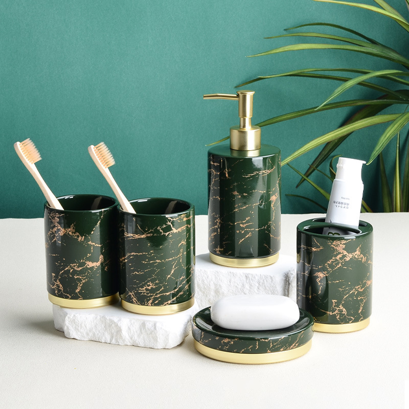 High Quality Marble Looking Four Pieces Green Bathroom Accessories Set Bathroom Sets Bathroom Accessories Luxury Set