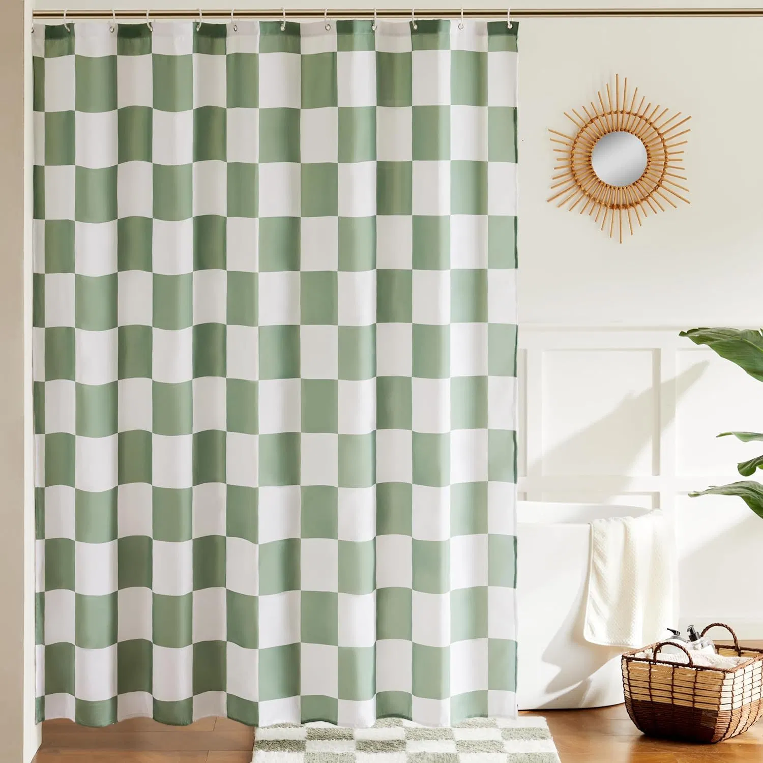 Sage Green Checkered Shower Curtains for Bathroom, Cute Retro Checkerboard Shower Curtain