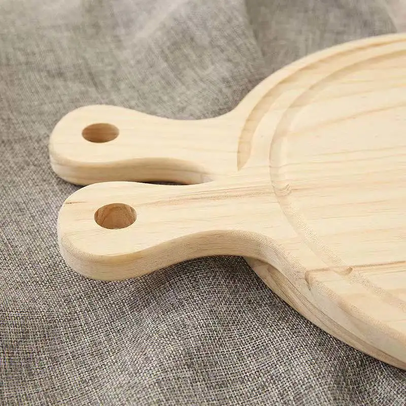 Pine Round Pizza Tray Wooden Baking Handle Pizza Plate Zero-Waste