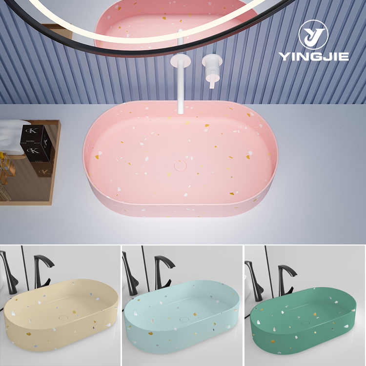 Green Decoration Solid Surface Artificial Terrazzo Above Table Countertop Basin Art Basin Bathroom Sink Wash Basin