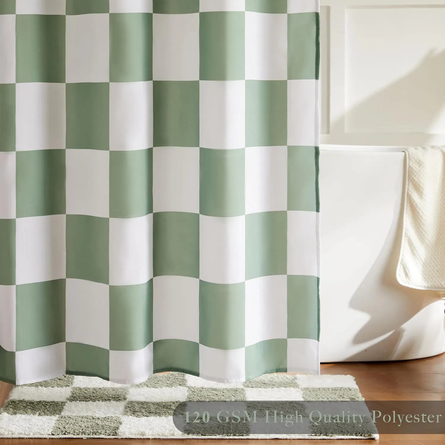 Sage Green Checkered Shower Curtains for Bathroom, Cute Retro Checkerboard Shower Curtain
