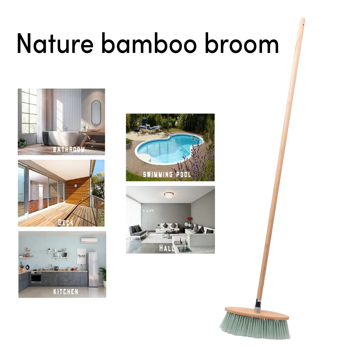 Wholesale Wood Handle Bamboo Broom Floor Cleaning Brush Green