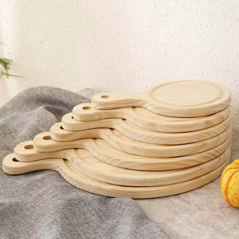 Pine Round Pizza Tray Wooden Baking Handle Pizza Plate Eco-Friendly