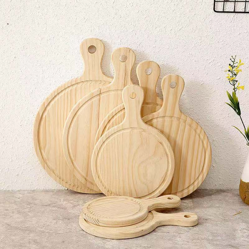 Pine Round Pizza Tray Wooden Baking Handle Pizza Plate 100% Natural