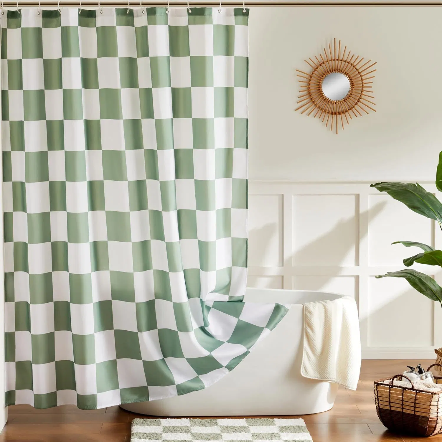 Sage Green Checkered Shower Curtains for Bathroom, Cute Retro Checkerboard Shower Curtain