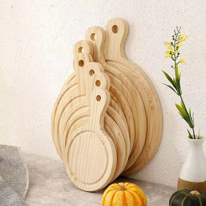Pine Round Pizza Tray Wooden Baking Handle Pizza Plate Eco-Friendly